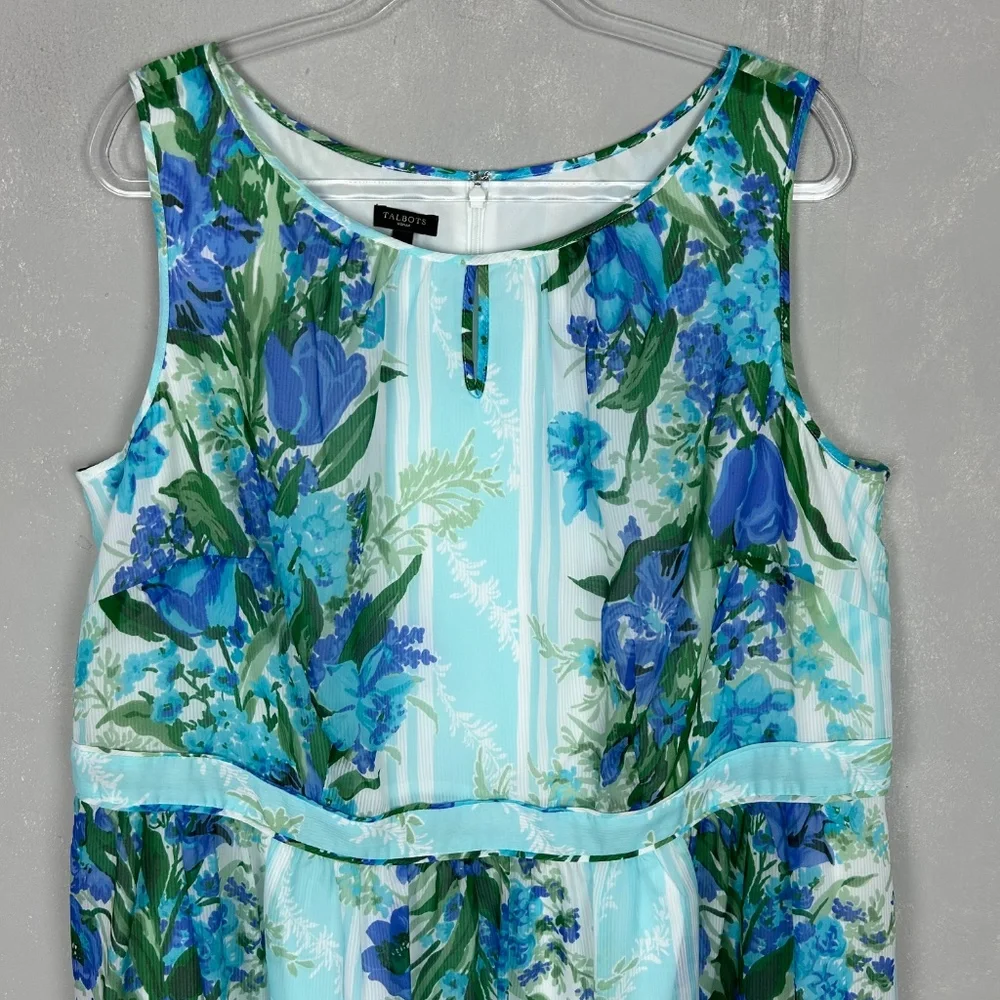 Talbots midi dress size 16W sleeveless fit & flare blue floral chiffon lined - Picture 2 of 11